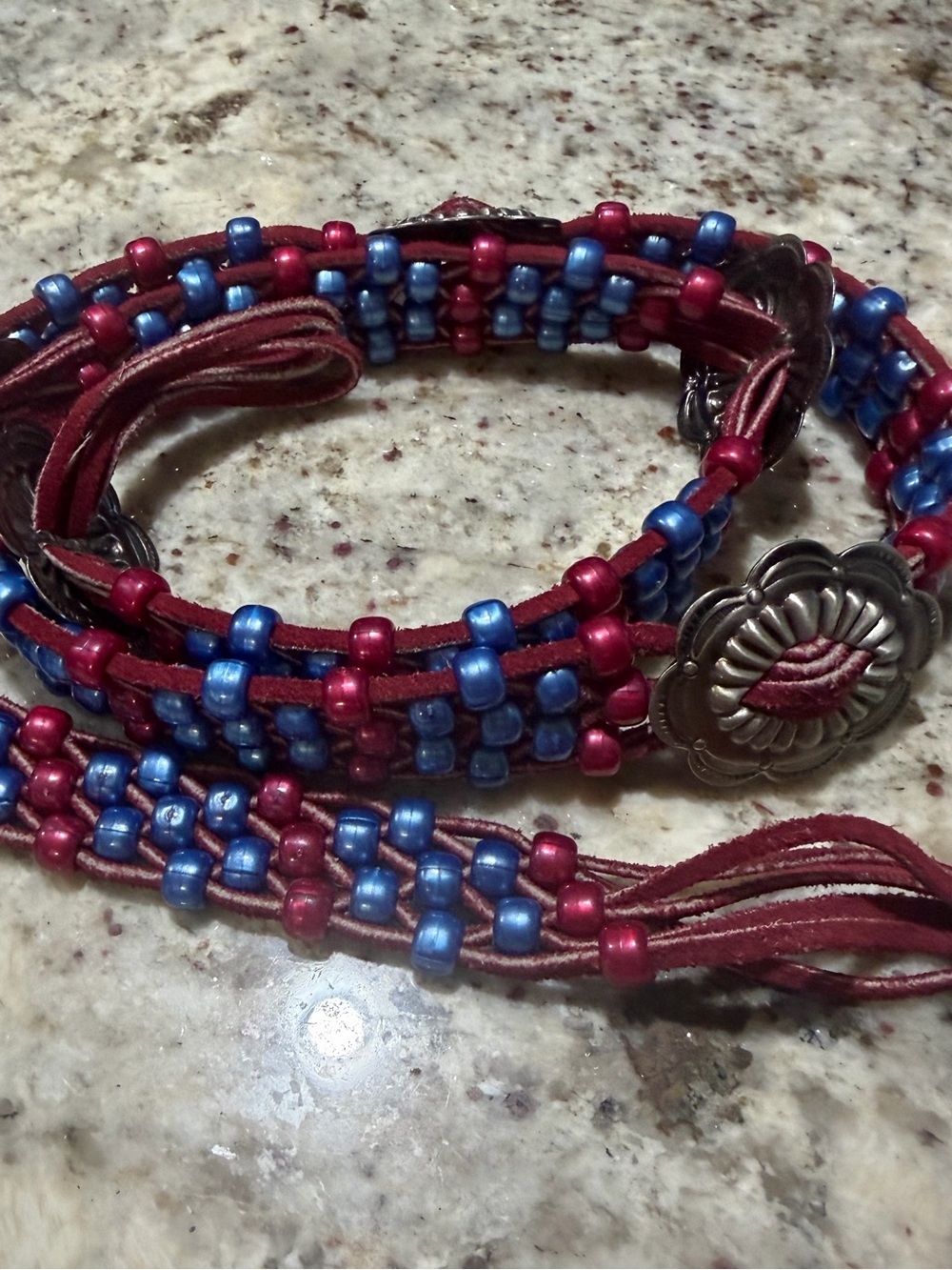 Vintage Patterned Beaded Red Blue Leather Concho Belt Silver Hardware 1” Wide